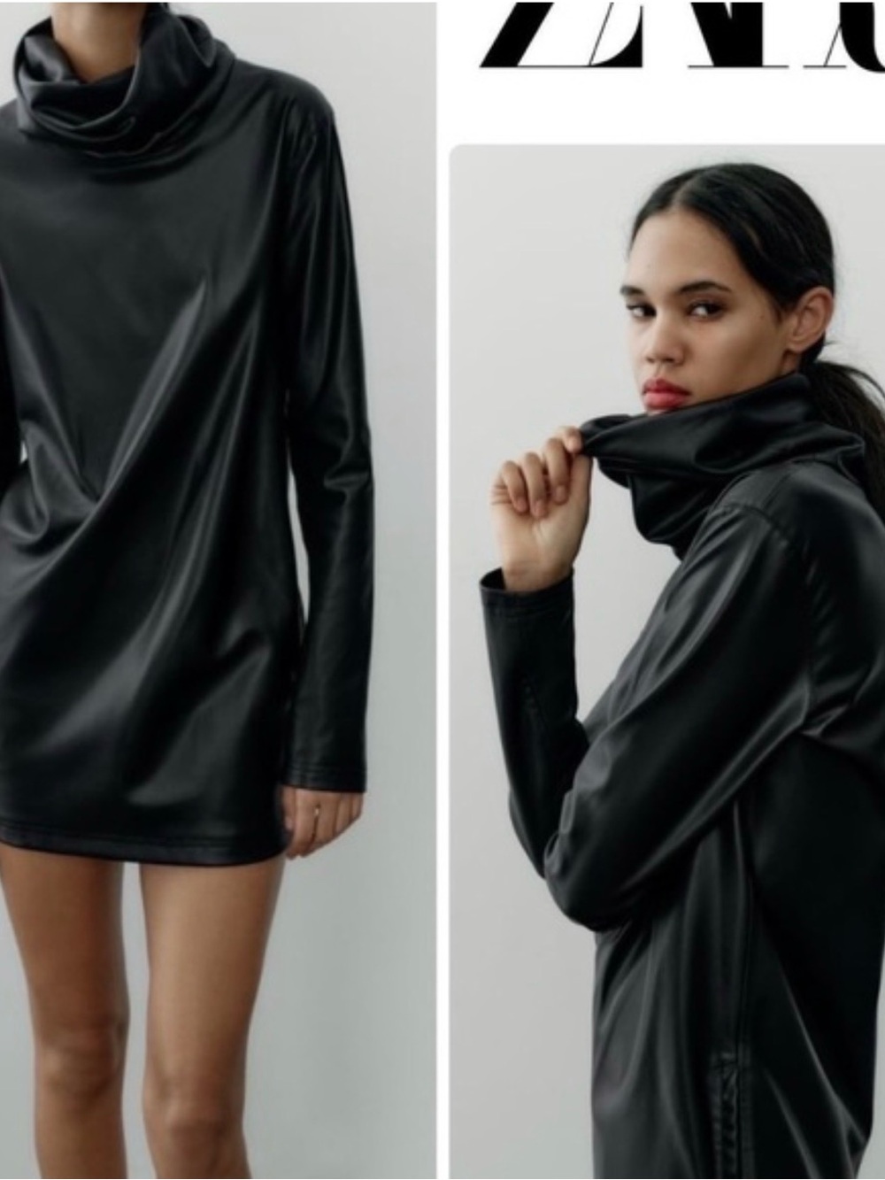 Zara Black Faux Leather Turtleneck Jacket Dress
